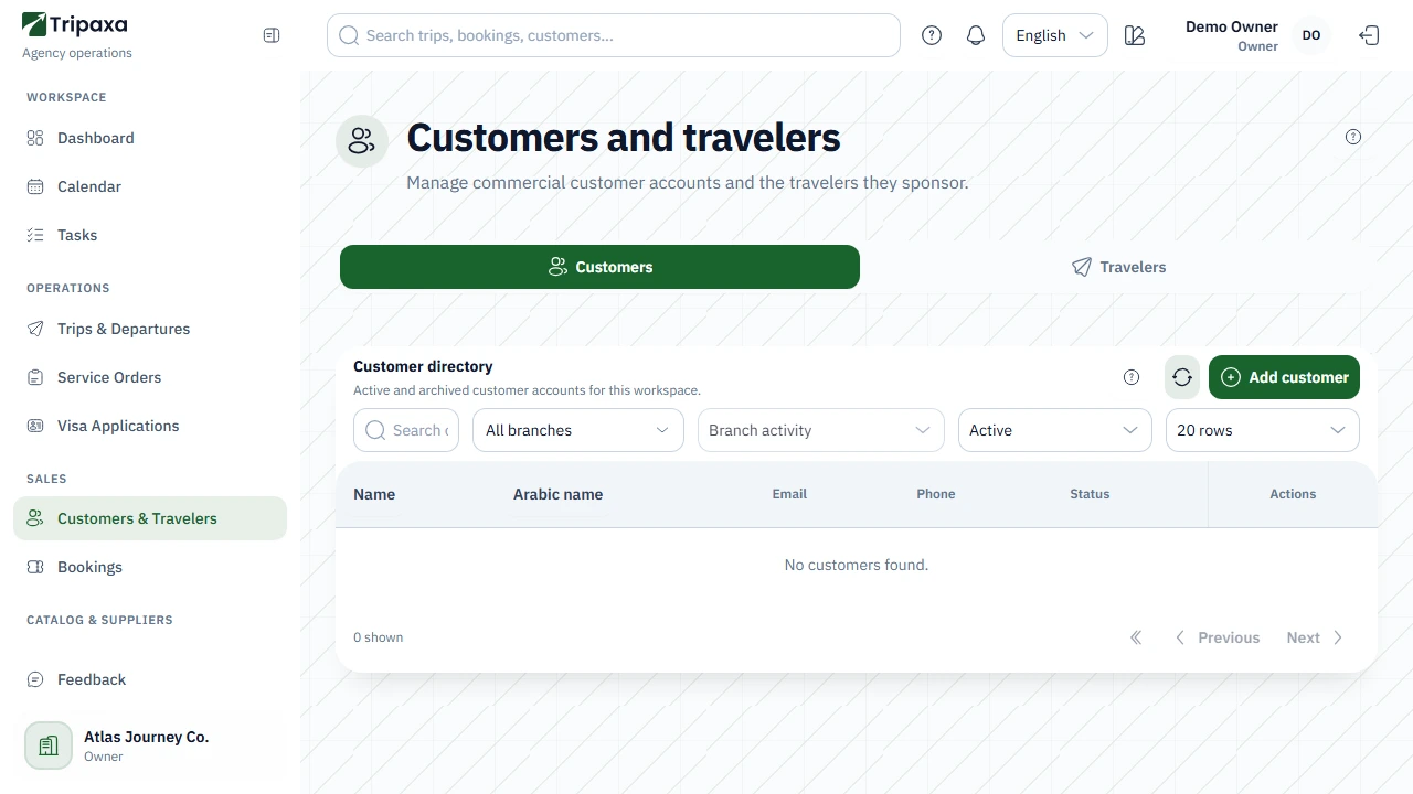 Tripaxa customers and travelers screen with filters and customer record columns.