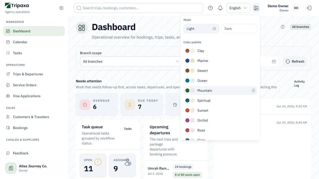 The Tripaxa appearance panel, with light and dark mode buttons above the list of colour palettes.