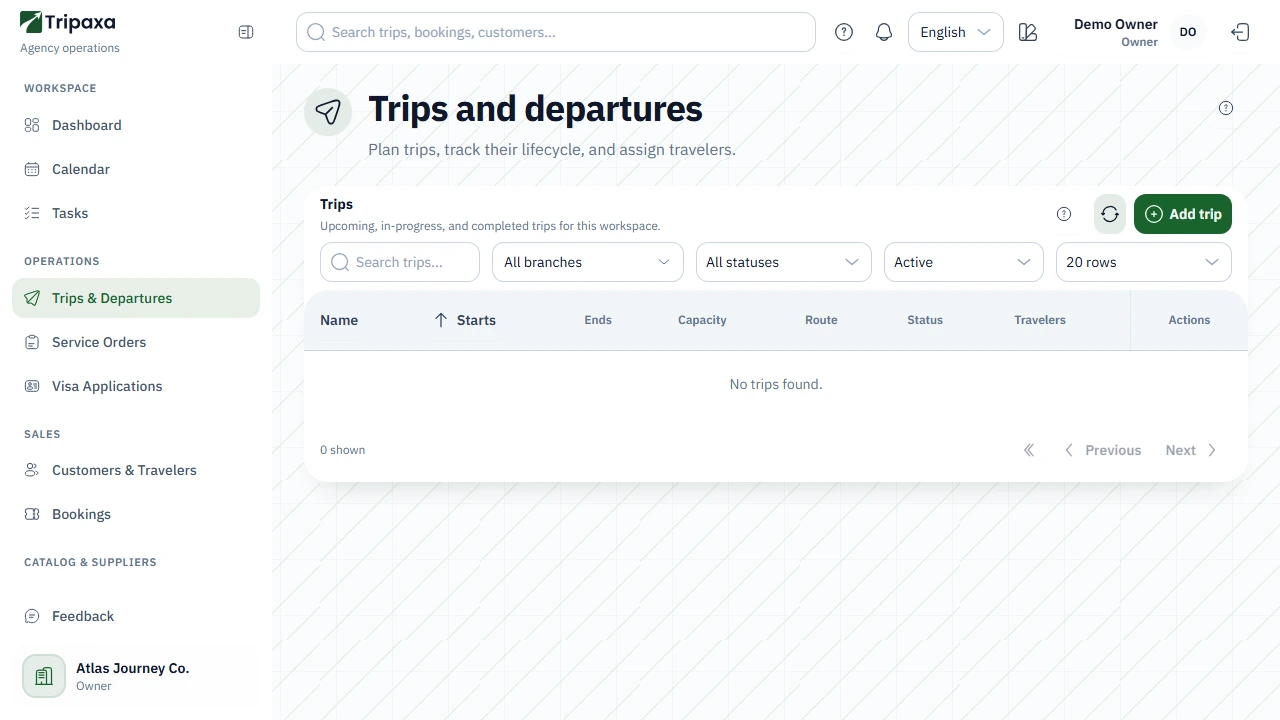 Tripaxa trips and departures screen with filters, trip table, and add trip action.
