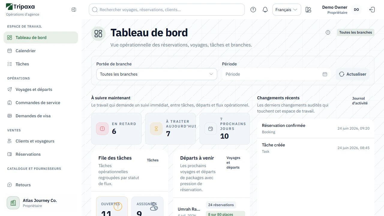 Le tableau de bord Tripaxa avec les branches sélectionnées, les tâches, les prochains départs et les changements récents.
