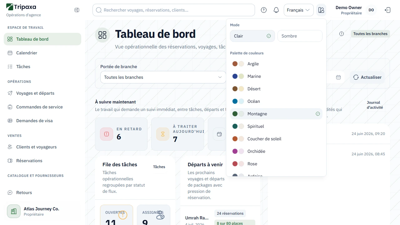 Le panneau d'apparence de Tripaxa, avec les boutons mode clair et mode sombre au-dessus de la liste des palettes de couleurs.