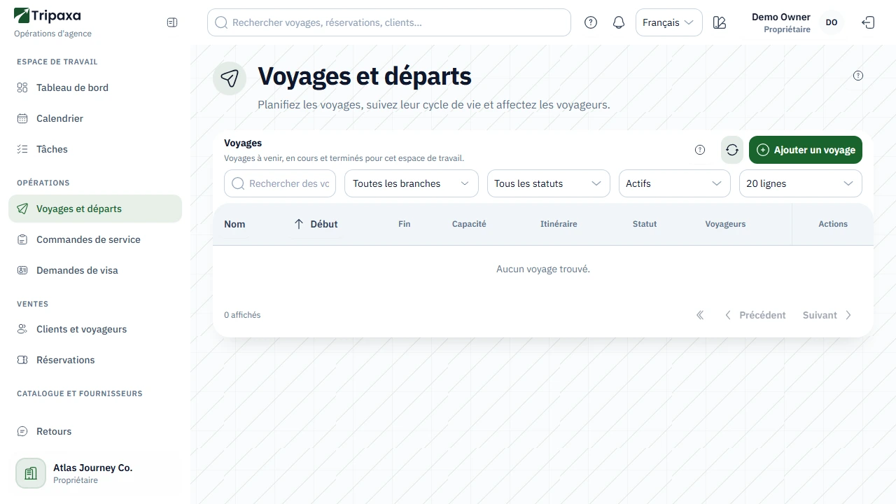 L'écran Voyages et départs de Tripaxa avec ses filtres, la liste des voyages et le bouton d'ajout.